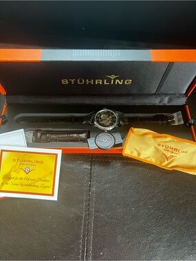 Stuhrling Original Black and Gold Skeleton Watch with Black Leather Strap